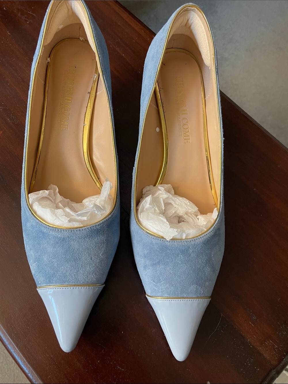 THINGS II COME Blue Pointed-Toe Women’s Pumps with Gold Trim